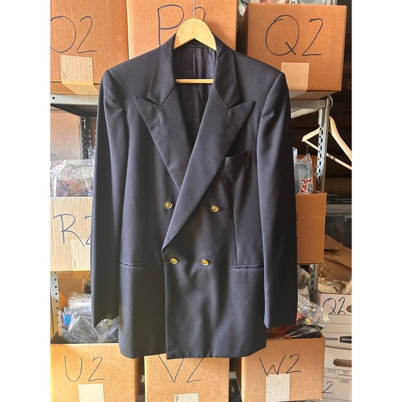 Gucci Vintage Mens Double Breasted Wool Blazer Navy Blue Gold Buttons Italy 40R